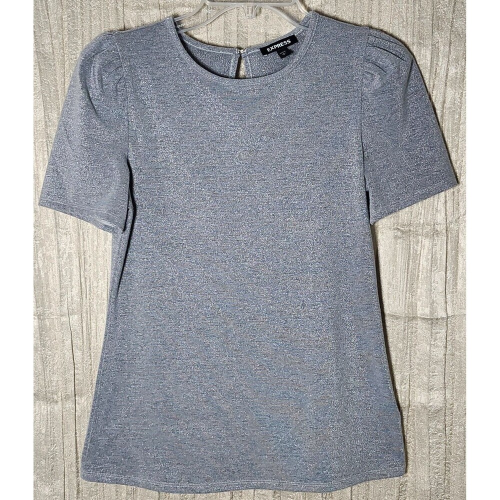 Express Womens Small Silver Gray Metallic Puff Sleeve Top Round Neck Knit Blend